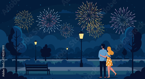 Couple Enjoying Fireworks in a Park - Vector Illustration
