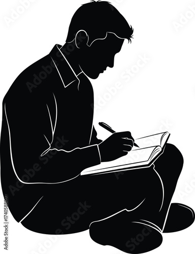 Student or young man sitting and writing in a notebook, author taking notes silhouette vector