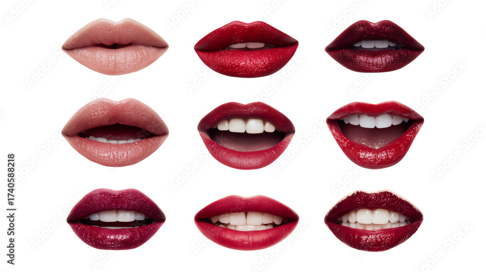 Obraz premium Set of nine isolated lips with different makeup and expressions on white and transparent background, concept for beauty product advertising, cosmetic promotions and lipstick color palette design