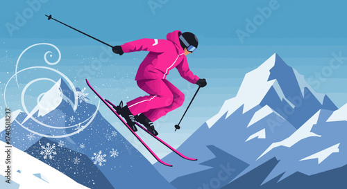 Pink Skier Descending Snowy Mountain Slopes Illustration