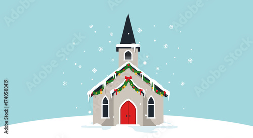 Winter Church Illustration with Christmas Decoration and Snowflakes
