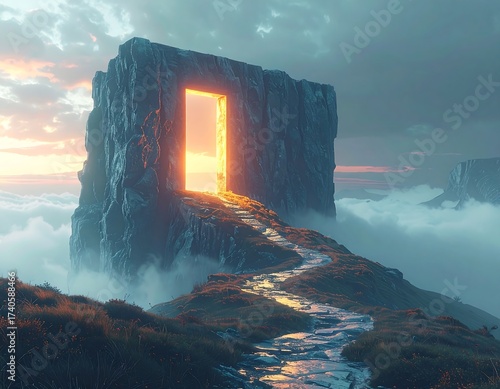 A rocky island floating in the sky, with a glowing portal door