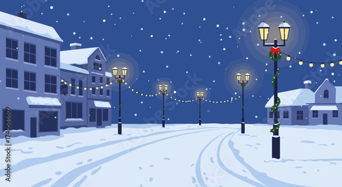 Festive Winter Night in Snowy Town Street Lamps Aglow