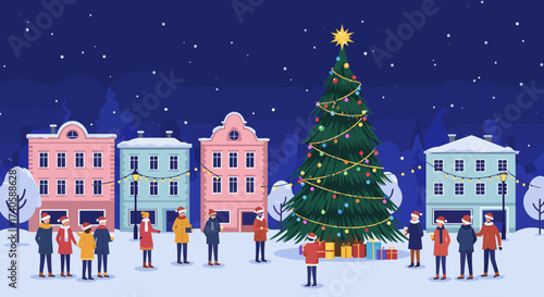 Christmas Gathering at the Town Square with Decorated Tree and People Wearing Masks