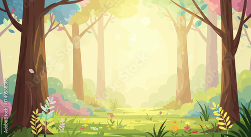 Enchanted Forest Clearing A Dreamy Landscape with Pastel Hues and Gentle Sunlight