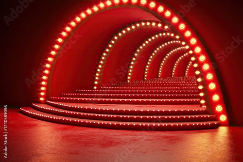 Theatrical stage with steps and glowing red light arches.