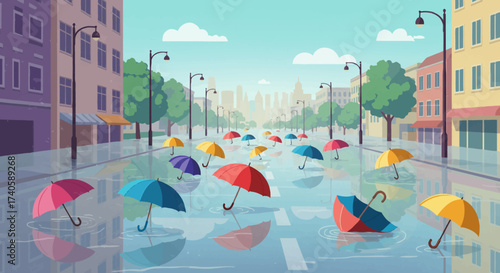 Rainy Street Scene with Colorful Umbrellas Reflection