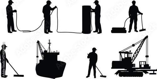 Silhouettes of shipyard and offshore workers handling hoses, cleaning, operating cranes, maintaining ship deck, construction, and marine industrial tools
