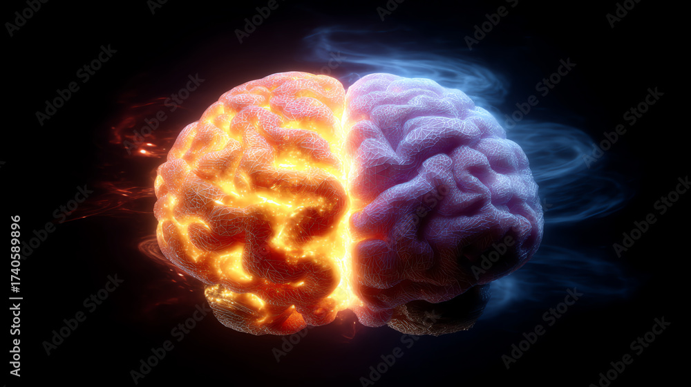 Obraz premium A glowing digital brain split into fiery orange and cool blue halves, symbolizing contrasting mental states or hemispheric brain functions against a dark background