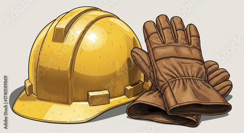 A yellow hard hat and brown work gloves, representing construction safety equipment.