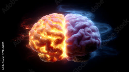 A glowing digital brain split into fiery orange and cool blue halves, symbolizing contrasting mental states or hemispheric brain functions against a dark background