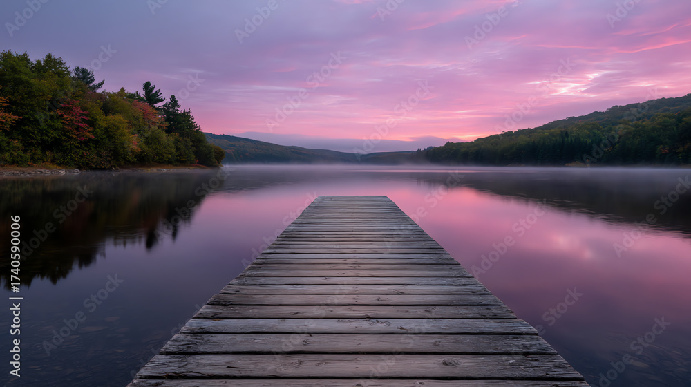 Naklejka premium A wooden dock extends into a calm lake at sunrise, with mist hovering over the water and colorful autumn trees lining the shore under a pink and purple sky
