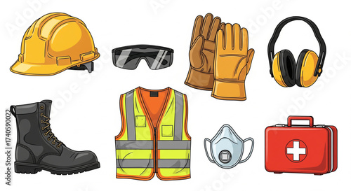 Illustration showcasing essential safety equipment, including a hard hat, gloves, and a first aid kit.