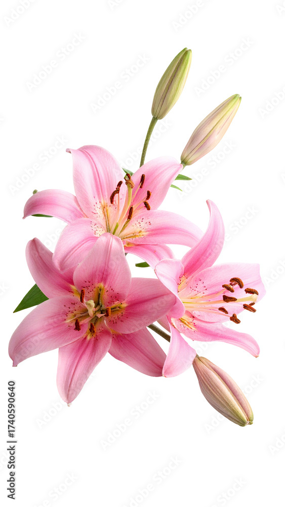 Naklejka premium Close-up of three pink lilies with buds