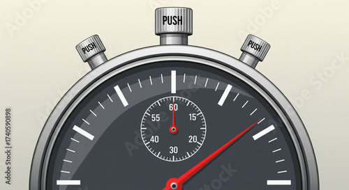 Close-up illustration of a stopwatch, showing the dial and push buttons, ready to start.