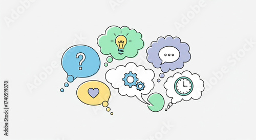 Illustration of colorful speech bubbles containing symbols like a lightbulb, question mark, gears, clock, heart, and chat icon.