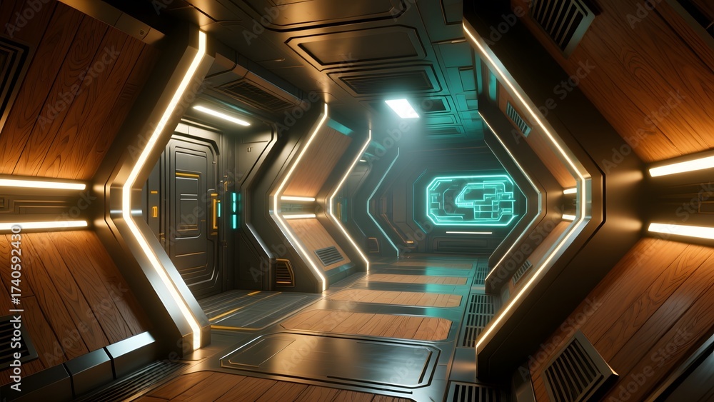 Obraz premium A spaceship corridor with wood and neon accents