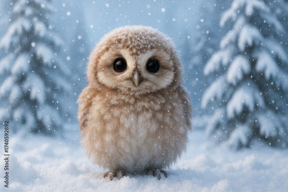 Obraz premium Adorable owl in snowy forest.