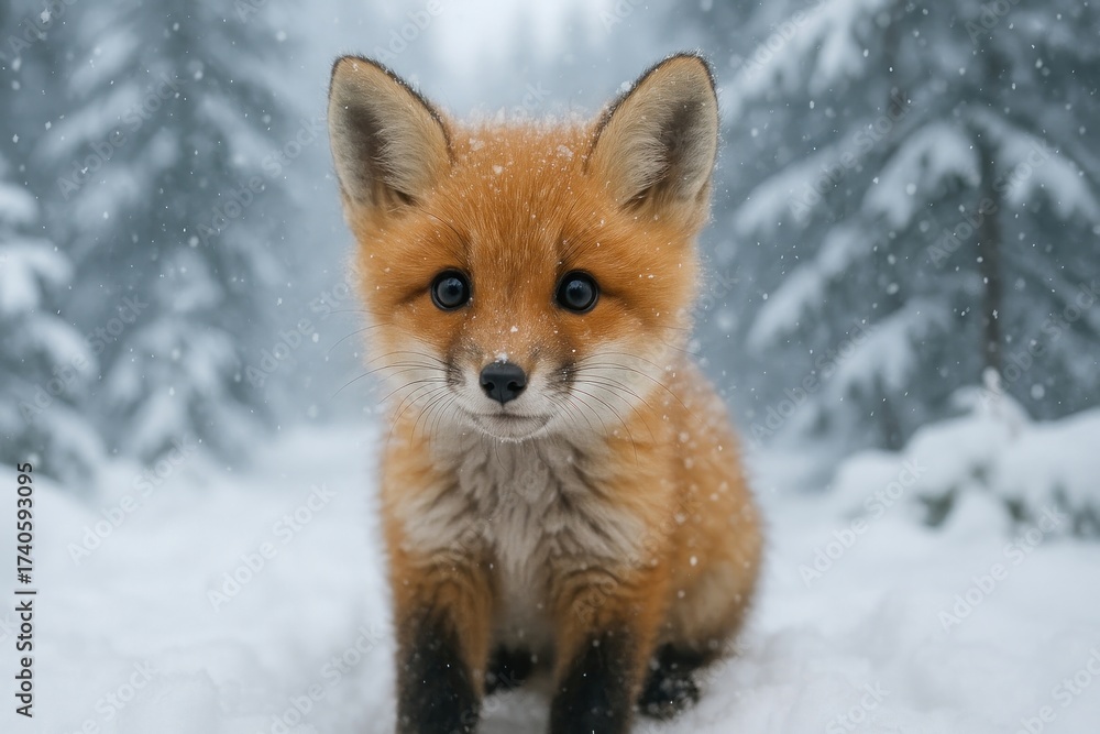 Fototapeta premium Adorable fox cub in snow