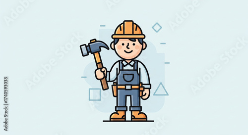 Cartoon illustration of a smiling construction worker holding a hammer, wearing a hard hat and overalls.