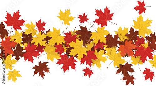Autumn maple leaves background, colorful fall foliage pattern, red, orange, yellow, brown leaves illustration, seasonal decoration, nature texture design for wallpaper