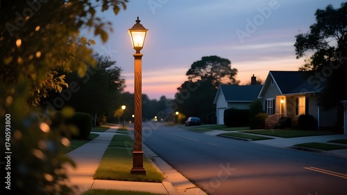 A street with lamp posts and houses