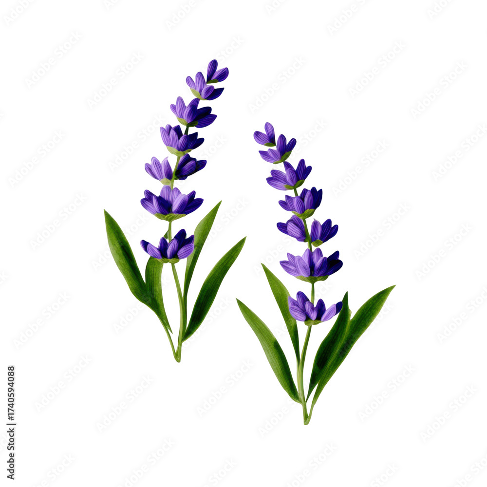 Naklejka premium Beautiful illustration of two purple lavender flower stalks. An isolated plant herb evoking calm and relaxing feeling, perfect for natural aromatherapy concepts