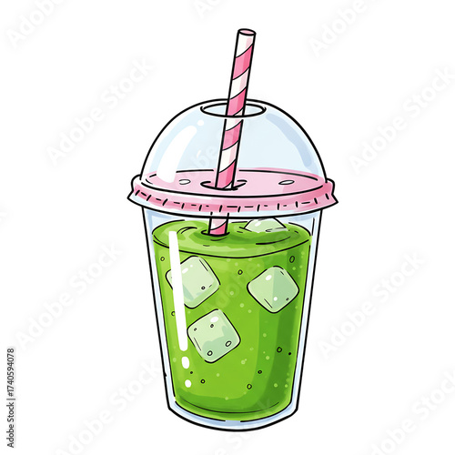 Refreshing green iced matcha latte with pink straw and ice cubes isolated on transparent background