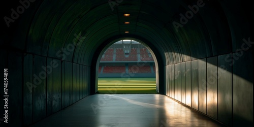 The tunnel view showcases the stadium's green pitch and vibrant red seats, ready for action, concept for sports photography, athlete motivation and team branding visuals