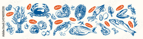 Hand drawn seafood elements illustration, Whimsical Mediterranean seafood ingredients  vintage style, doodle food sketch for menu, greeting ,cards, poster, invitation, postcard, packaging,  cookbooks