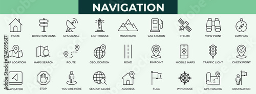 Navigation line icon set. Icon, web, set, symbol, placeholder, traffic light, address,  destiamtion icons collection. 
