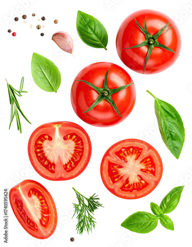 Fresh tomatoes and herbs arranged artistically