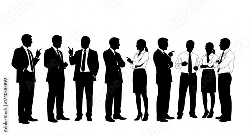 Silhouetted business professionals engaged in discussions, gesturing, and interacting during a meeting.