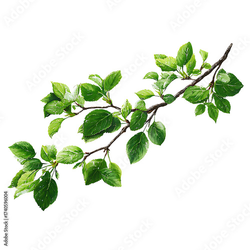 Fresh Green Leaves on Branch Isolated Against White Background for Nature and Gardening Themes