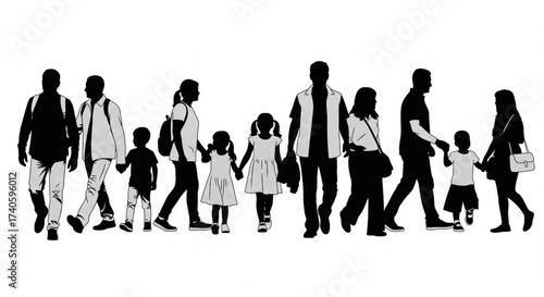 Silhouetted figures of various families and individuals walking together, holding hands.
