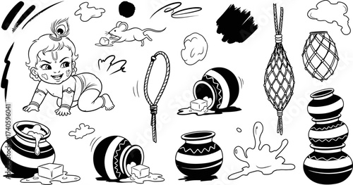 Krishna Baby with Pots and Butter Elements Line Art