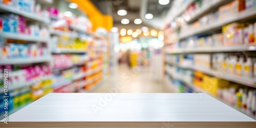 Wallpaper Mural Empty white countertop with blurred supermarket aisle shelves background, concept for product display, retail advertisement and promoting new merchandise Torontodigital.ca