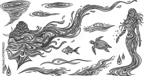 Water Elemental Fantasy Shiva Collection with Tornado, gangga goddess, Fish, Turtle and Waves