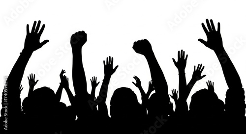 Silhouette of a crowd with raised hands, celebrating or protesting.