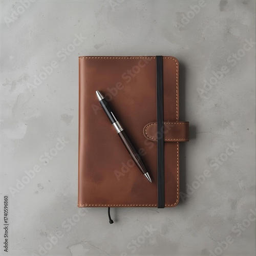 leather notebook with pen lying on a table