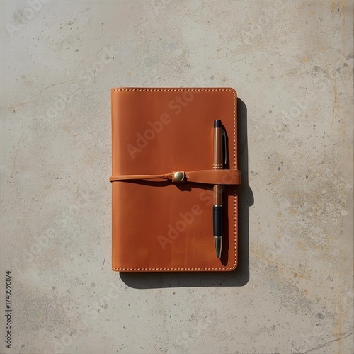 leather notebook with pen lying on a table