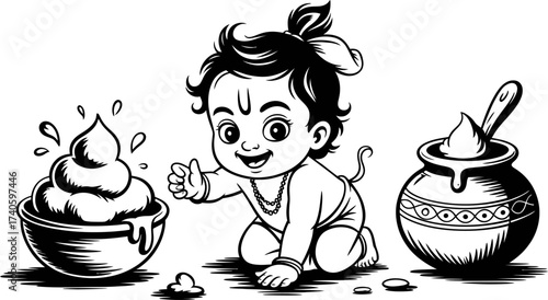 Cute Baby Krishna Reaching for Butter Pot