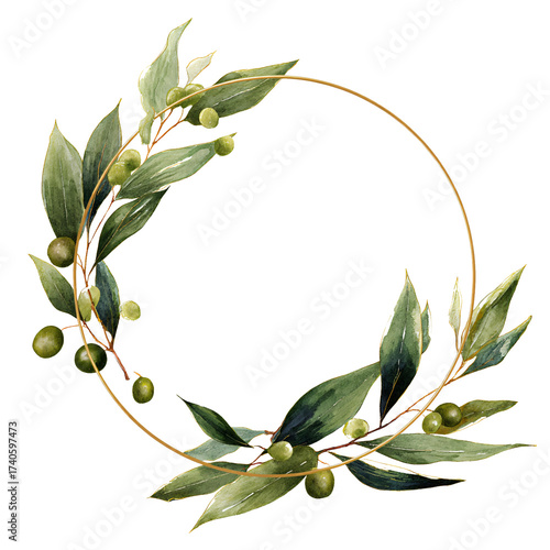 Watercolor olive branch wreath with circular gold frame creates an elegant design element.