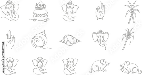 Indian Festive Icons Collection Line Art