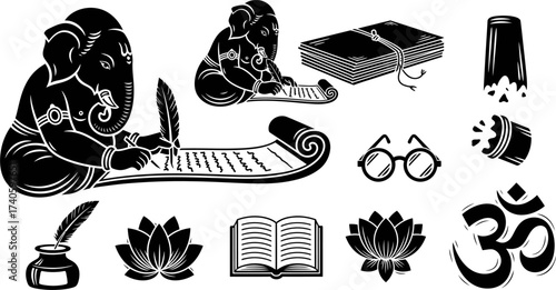 Ganesha Writing Om Symbol Lotus Flower Icons
