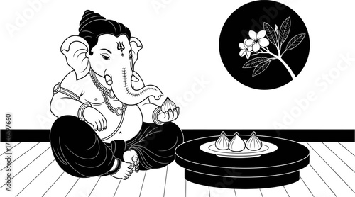 Ganesha with Modak and Flower Offering Illustration