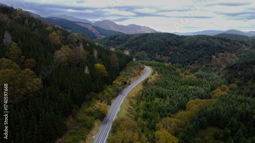 Beautiful drone shot of a road in mountains and forest