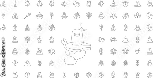 Hindu Religious Symbols Seamless Pattern Line Icons