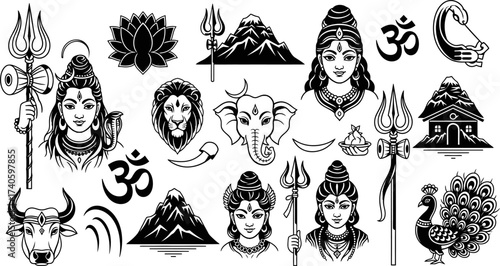 Hindu Deities and Symbols Collection Black and White Graphics
