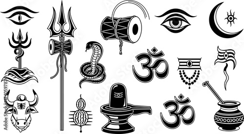 Indian Hindu religious symbols collection black vector art